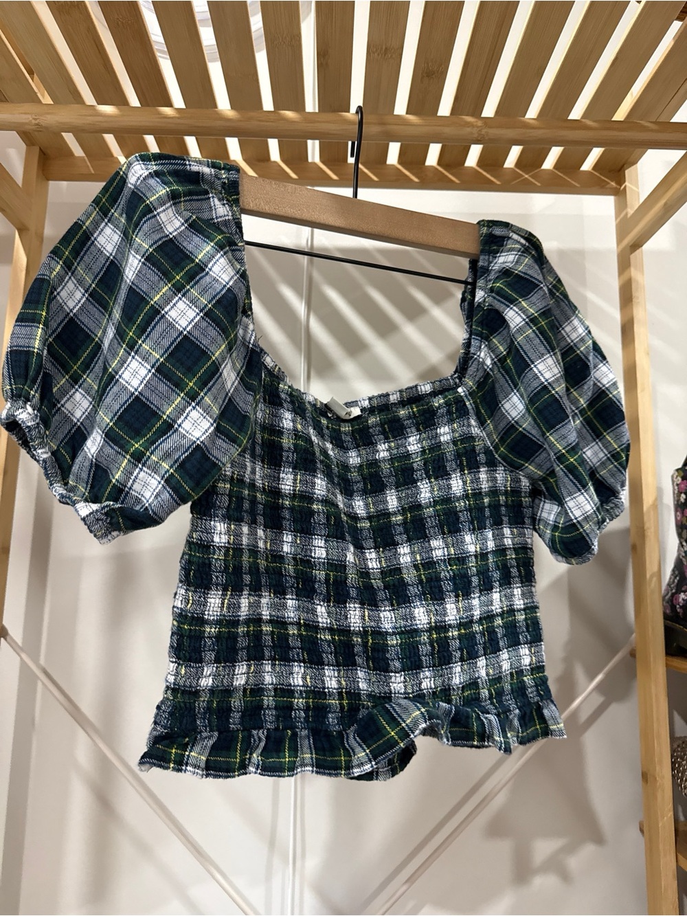 American Eagle Outfitters Green Navy Plaid Smocked Square-Neck medium Top - Picture 2 of 2